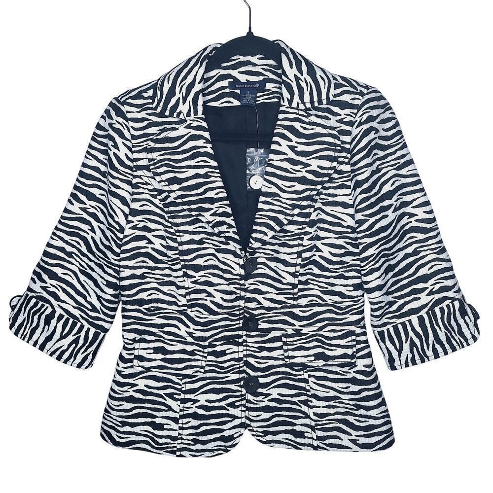 Boston Proper Zebra Print Fitted Blazer Jacket 6 Black and White 3/4 Sleeve